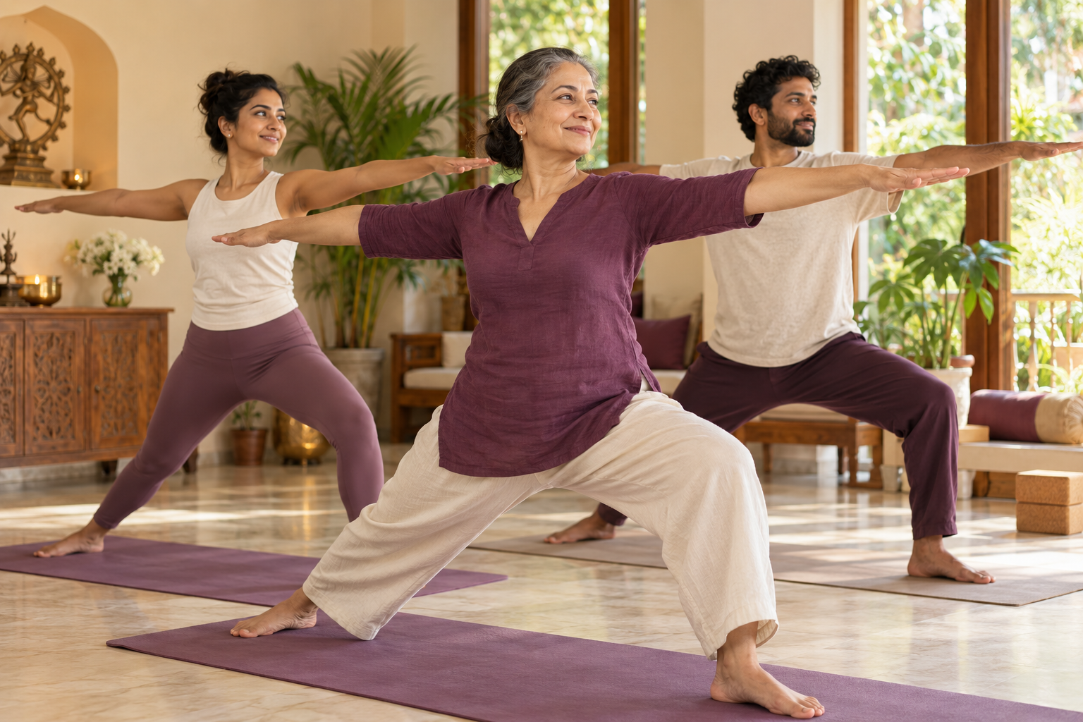 Indian adults practising yoga together in a bright studio